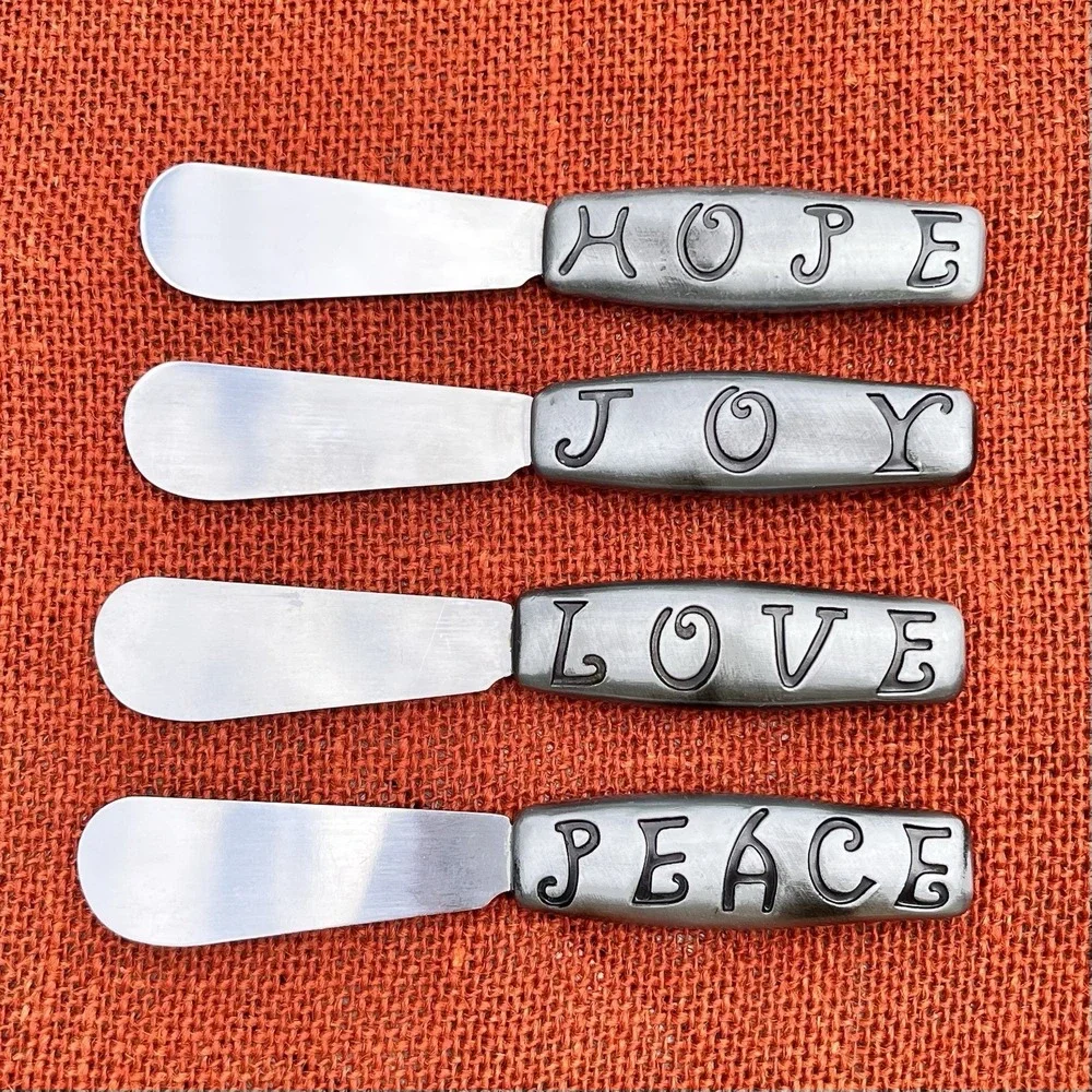 Holiday Spreader Knife Set (4) Stainless‎ Cheese Appetizer Joy Love Peace Hope